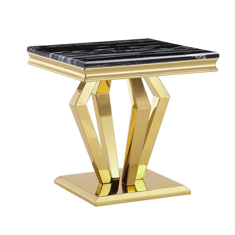 End Table with mirror Geometric Metal Base for Living Room, Bedroom, Sofa Couch - Black/Gold