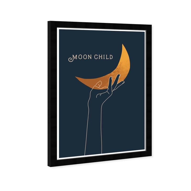 Wynwood Studio 'Moon Child' Astronomy and Space Wall Art Framed Print Moons - Gold, Blue