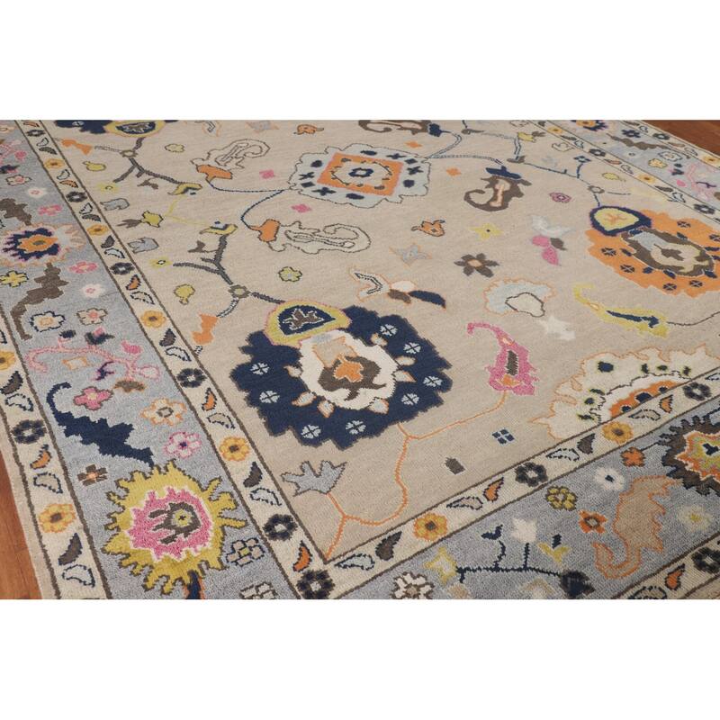 All-Over Floral Beige Oushak Oriental Area Rug Handmade Wool Carpet - 9'1" X 11'9"