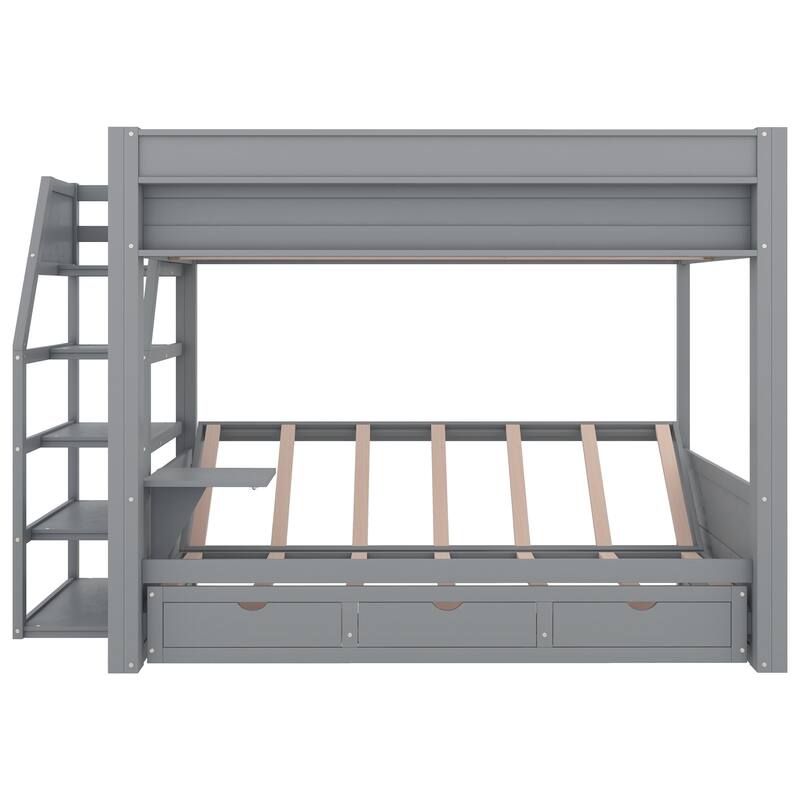 Roomfitters Full Size Convertible Bunk Bed with Storage Staircase and Bedside Table, Gray