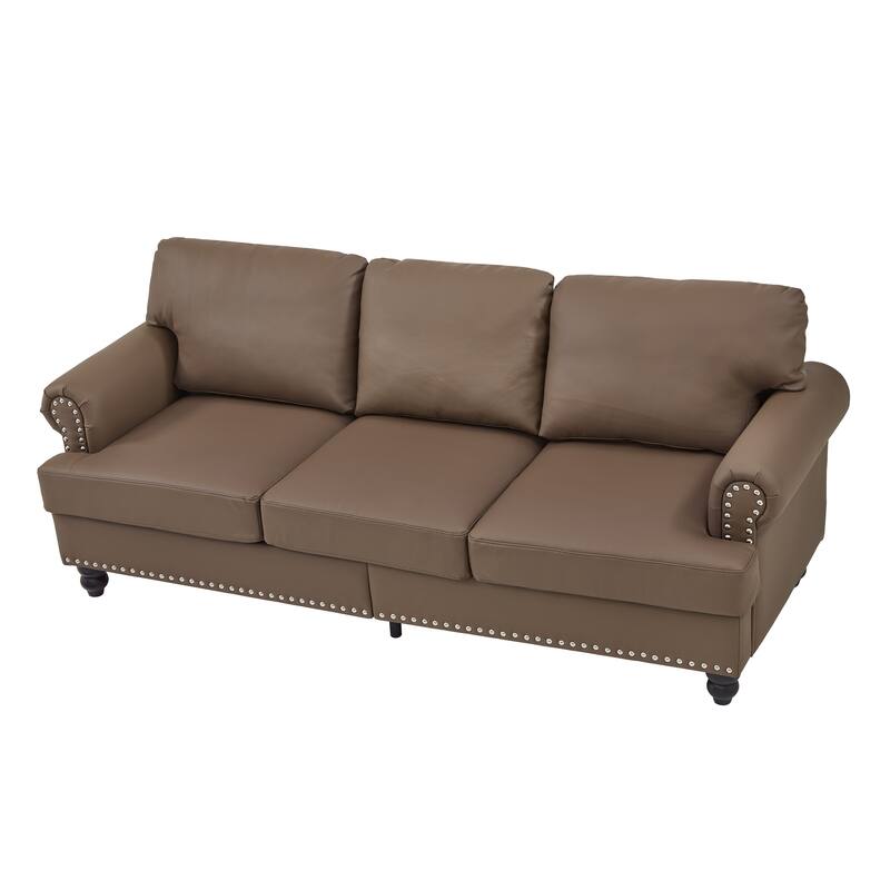 83" Classic Leather Sofa - 3-Seater Genuine-Look Cowhide Couch with Nailhead Trim, Durable Faux Leather Upholstery