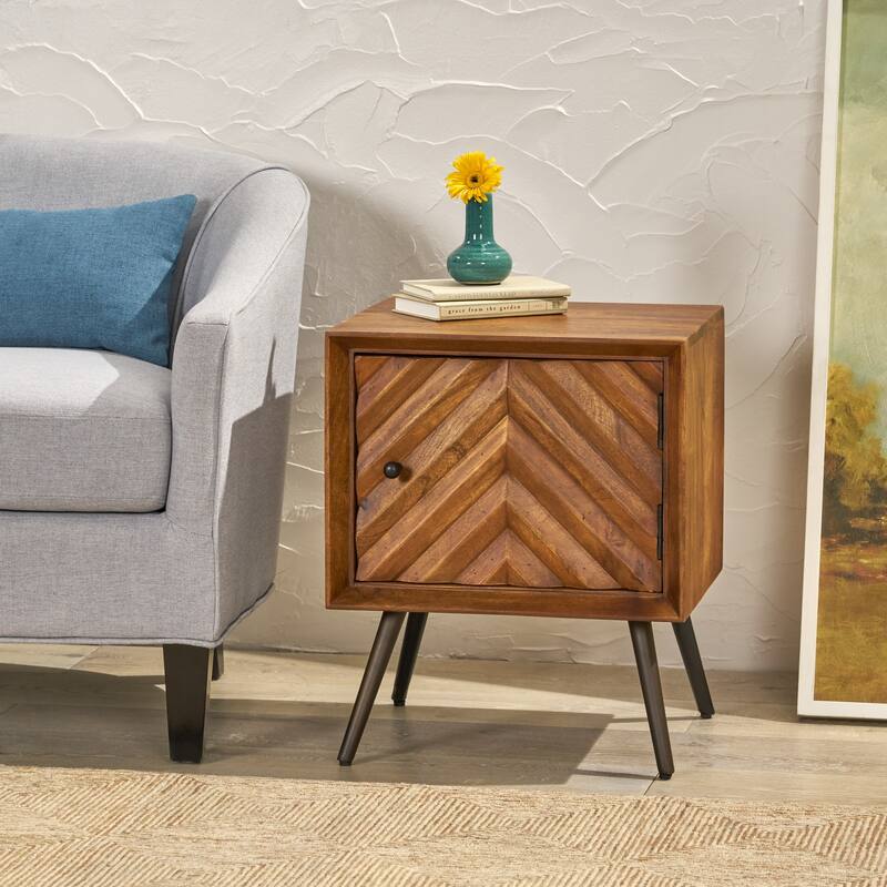 Handcrafted Mango Wood Mid-Century Modern Accent Cabinet with Chevron Design and Storage Space - Dark Brown