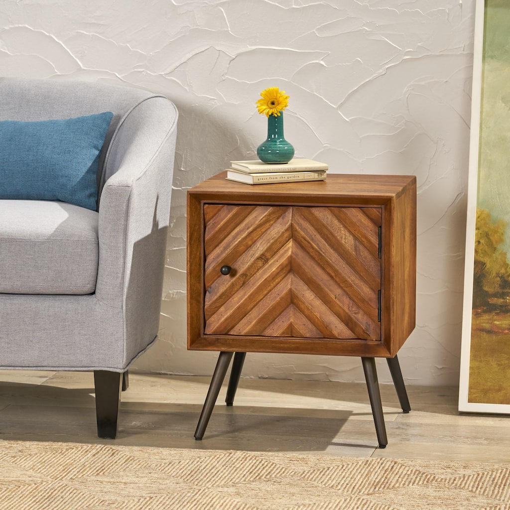 Handcrafted Mango Wood Mid-Century Modern Accent Cabinet with Chevron Design and Storage Space