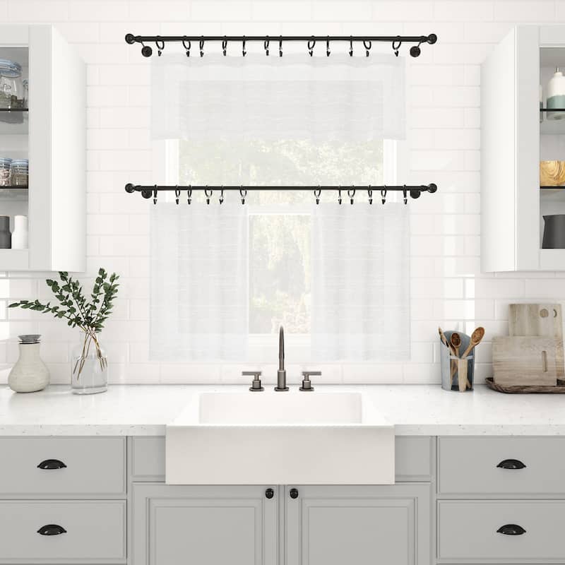 Clean Window Textured Slub Stripe Anti-Dust Linen Blend Sheer Cafe Curtain Pair