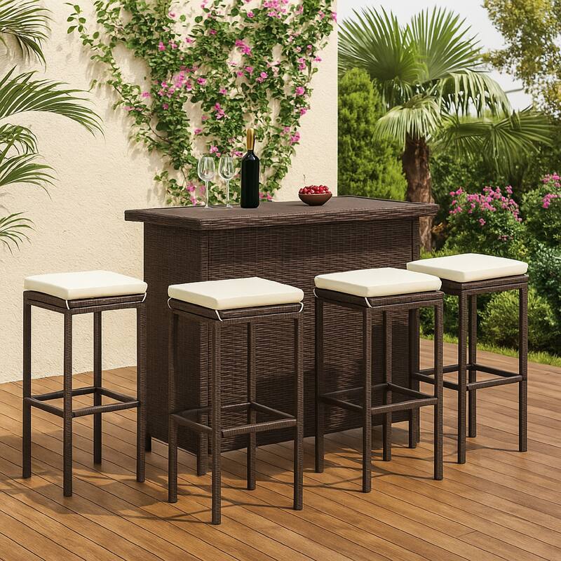 Vian Outdoor Barstool Set of 4, Brown Poly Rattan, Cream Polyester