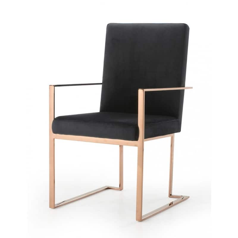 Modern Black Upholstered Fabric Seat Arm Dining Chair with Gold Stainless Steel Legs Solid Back Support - 38”H x 22”W x 24”D