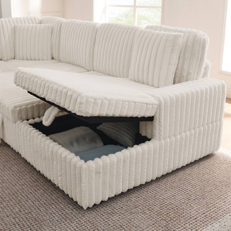 114” Modern Corduroy Striped U-shaped Combination Sofa with Pull-out Bed and Storage Chaise