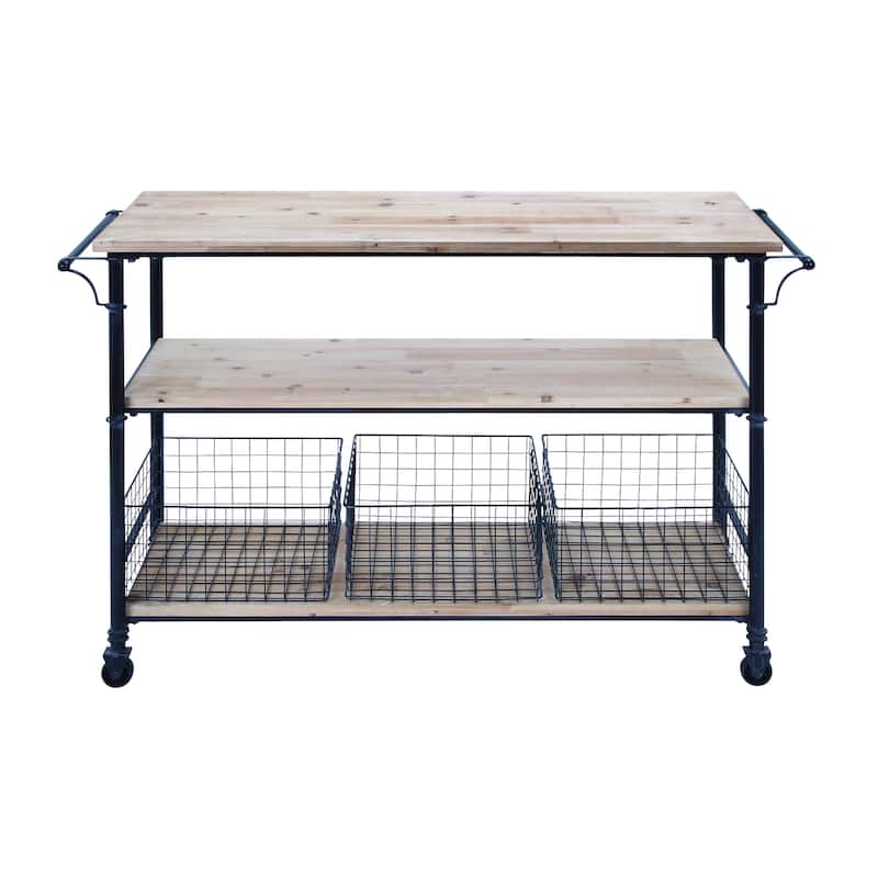 Wood Rolling Cart 3 Drawers and 1 Shelf Storage Unit with Black Wire Baskets - Brown - Roche River Decor - Brown