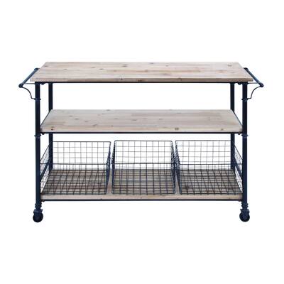 Wood Rolling Cart 3 Drawers and 1 Shelf Storage Unit with Black Wire Baskets - Brown - Roche River Decor