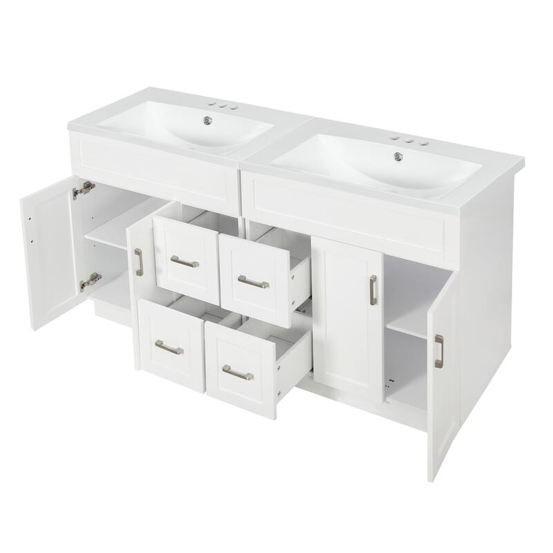 60" Double Bathroom Vanity with Dual SMC Resin Sinks, 4 Doors, 4 Drawers, and Soft-Close Hardware