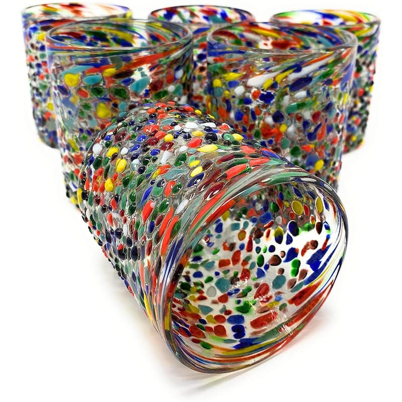 Dos Suenos Hand Blown Mexican Drinking Glasses - Set of 6 Confetti Rock Tumbler Glasses (10 oz each)