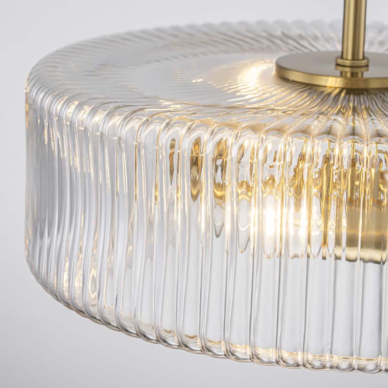 Modern Industrial 3-Light Clear Ribbed Glass Drum Pendant Light for Dining and Living Room