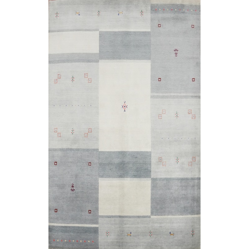 Hand Knotted Oriental 100% Wool Carpet Tribal Geometric Greys & Charcoal Gabbeh Area Rug - 7' 7'' X 5' 4''