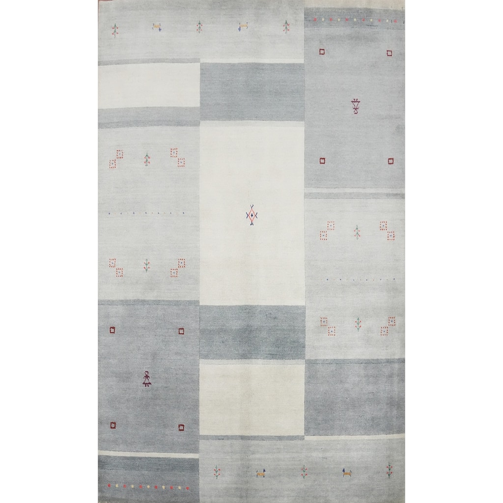 Hand Knotted Oriental 100% Wool Carpet Tribal Geometric Greys & Charcoal Gabbeh Area Rug - 7' 7'' X 5' 4''