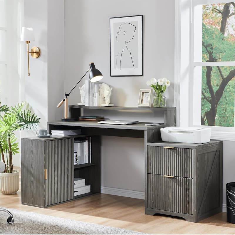 67" Modern L Shaped Desk, Wood Home Office Desk with Charging Station