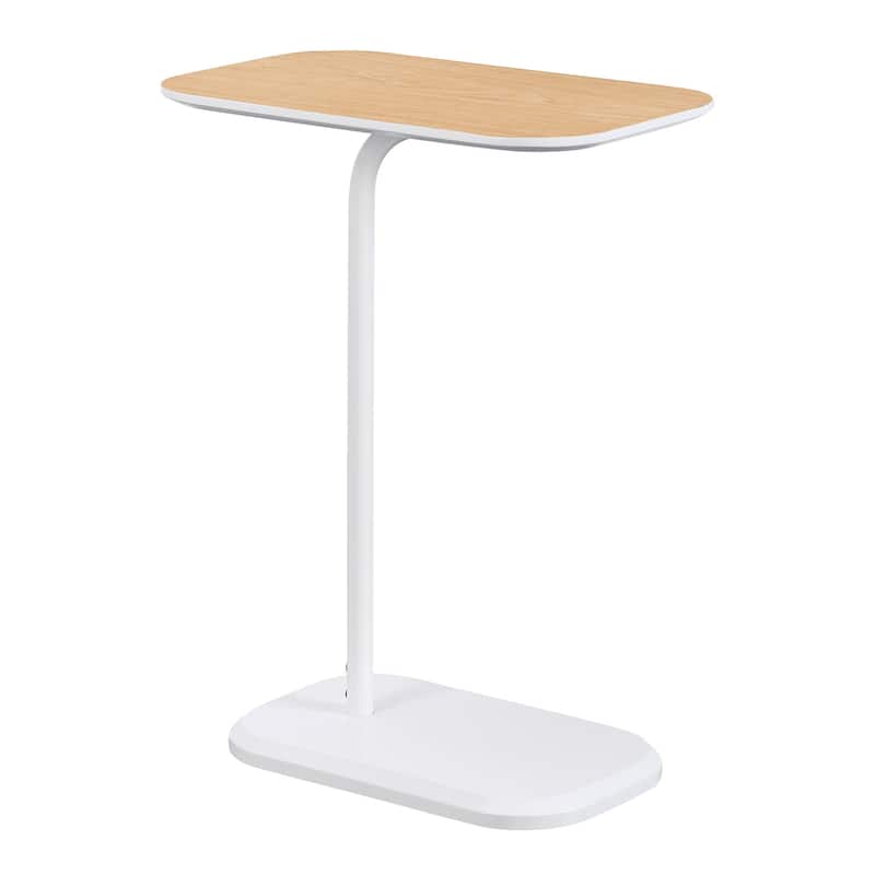 Light Oak C Shaped End Table with Woodgrain Veneer Finish, Slide Under Sofa or Bed, Modern Accent Side Table with Metal Base