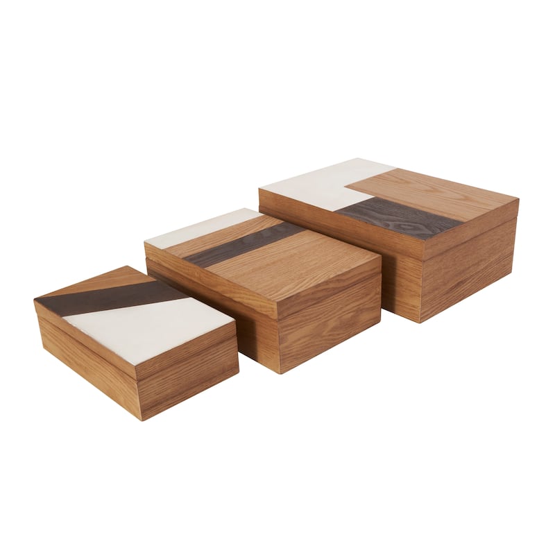 Brown Wooden Geometric Decorative Box with Cream and Dark Brown Stripes (Set of 3)