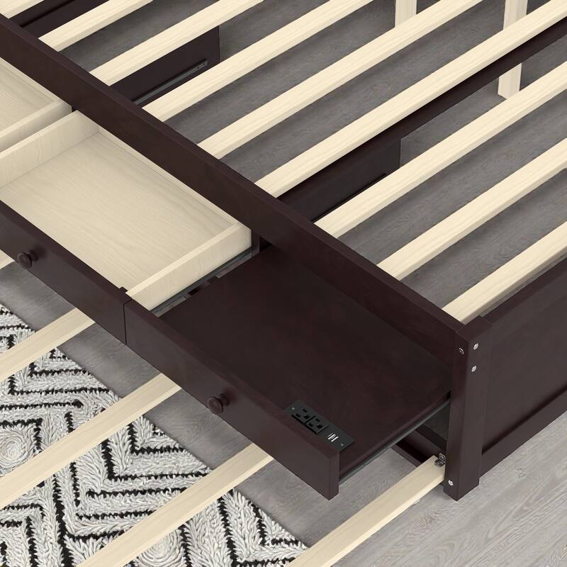 Platform Bed with Trundle, 2 Storage Drawers and Built In Power Strip, Solid Wood Bed Frame