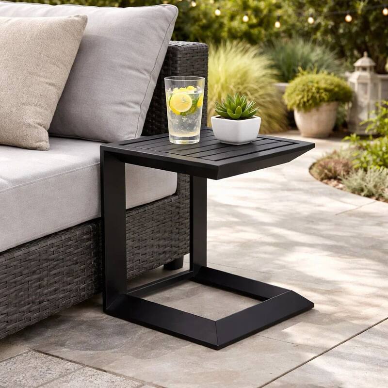 Kili 20 Inch Side End Table, Geometric Design, Jet Black Aluminum Frame