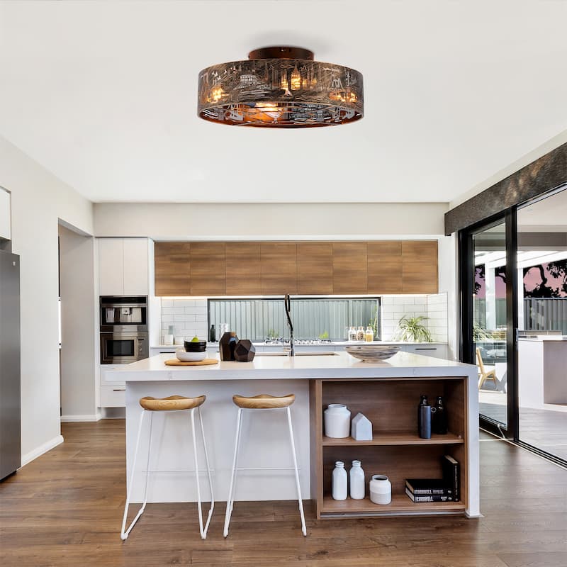 20 inch Flush Mount Ceiling Fan Light with Remote Caged Farmhouse Fandelier Black Wood Low Profile