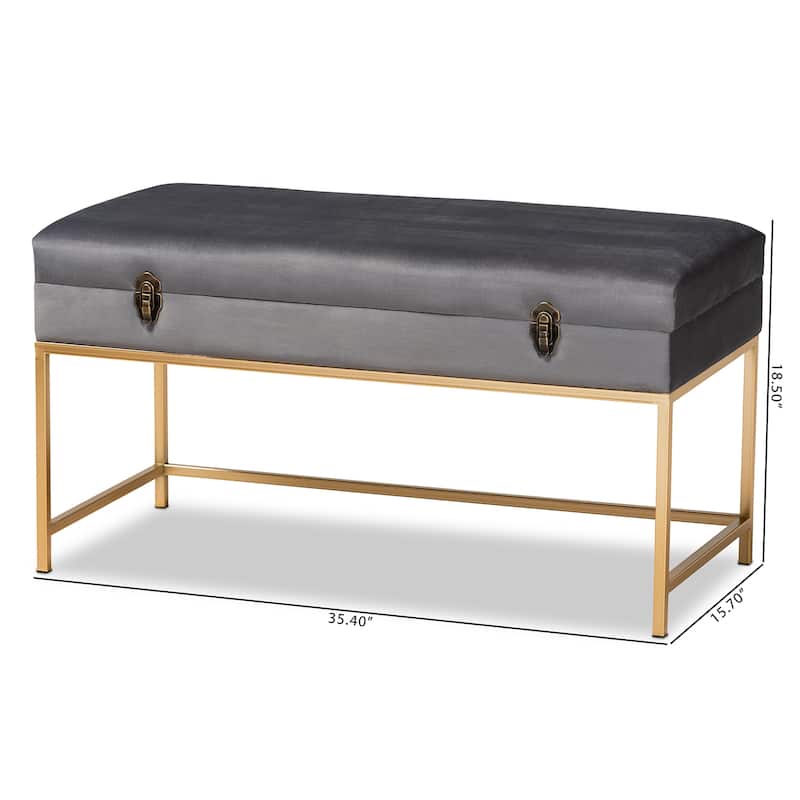 Aliana Glam and Luxe Velvet and Gold Metal Large Storage Ottoman