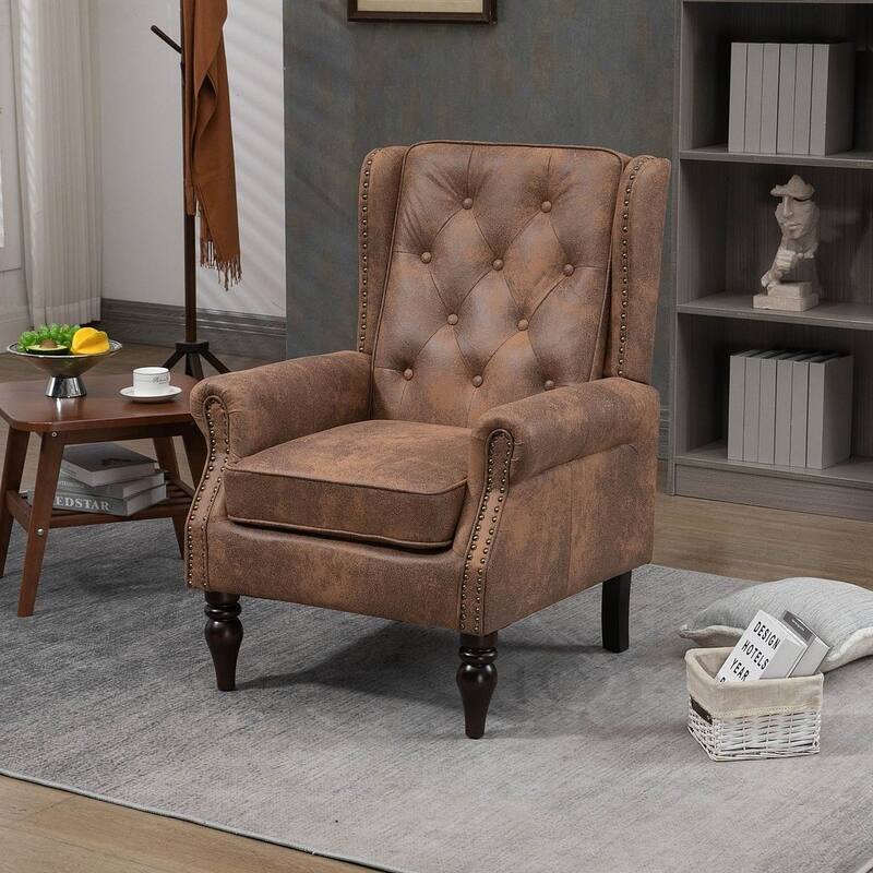 Transitional Wingback Accent Chair Armchair with Sturdy Wood Legs - Microsuede - Coffee