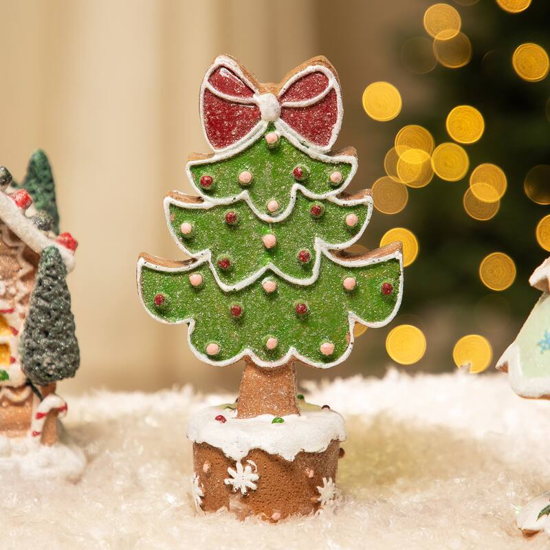 Gingerbread Cookie Christmas Tree with Bow Decoration - 8"