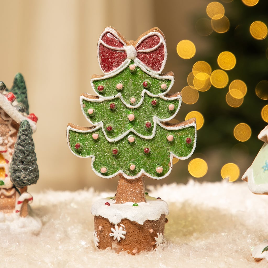 Gingerbread Cookie Christmas Tree with Bow Decoration - 8"