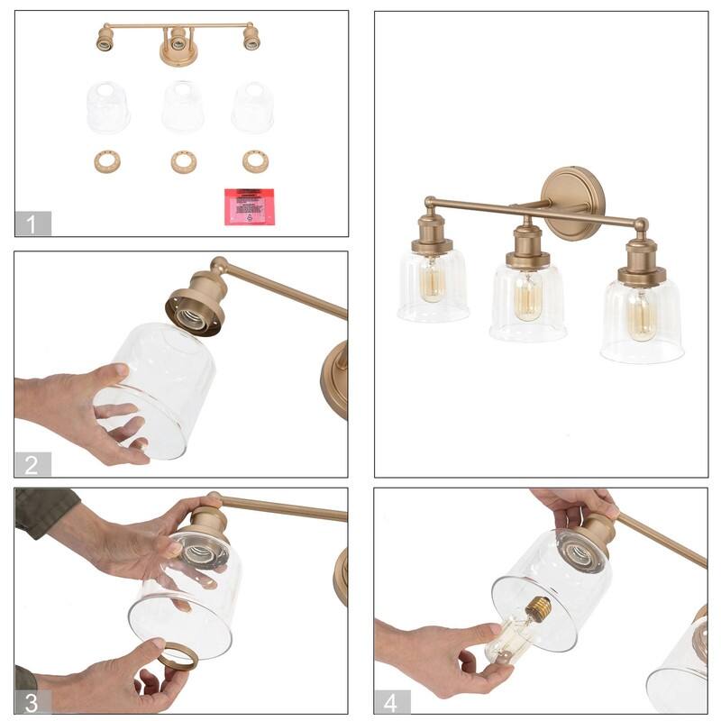 Cionar Modern Gold 3-Light Dimmable Linear Bathroom Vanity Lights with Clear Bell Glass for Powder Room - L21.5"x W7.5"x H 10"