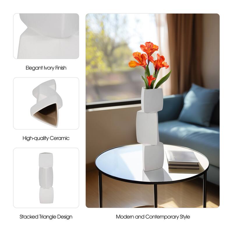 Sagebrook Home 17" Stacked Triangle Rough Vase, Ivory, Cylinder, 17"H, Solid Color