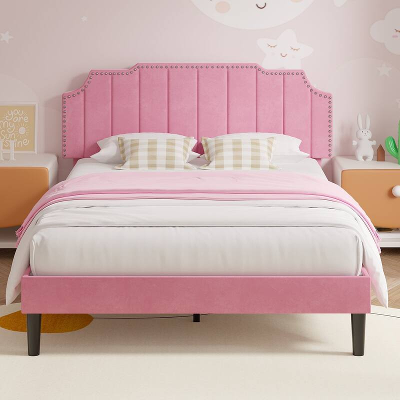 VECELO Upholstered Bed Frame with Nailhead Trim Adjustable Height Headboard, Twin/Full/Queen Size Bedframes