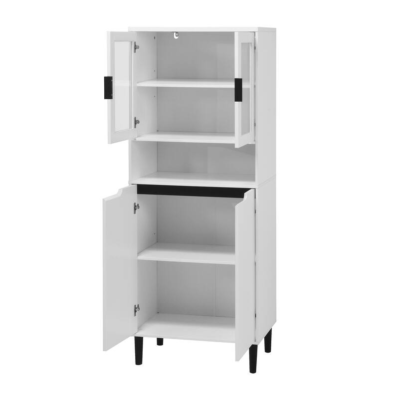Tall Kitchen Pantry Cabinet with 2 Glass Display Doors & 2 Solid Doors