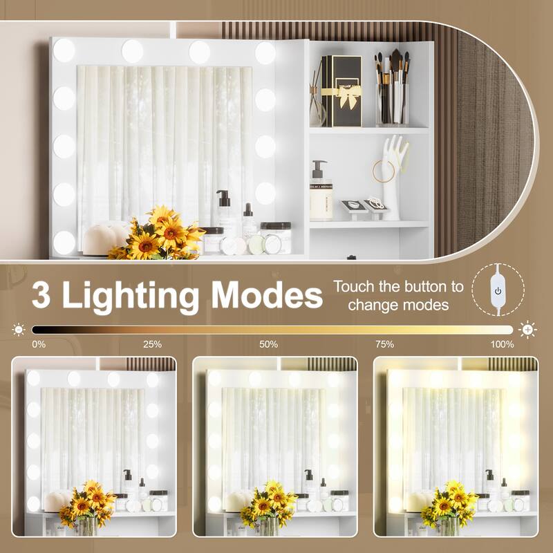 Vanity Desk with Mirror & Lights, Glass Top Dressing Table, Makeup Table with Charging Station, 2 Drawers & Cabinet