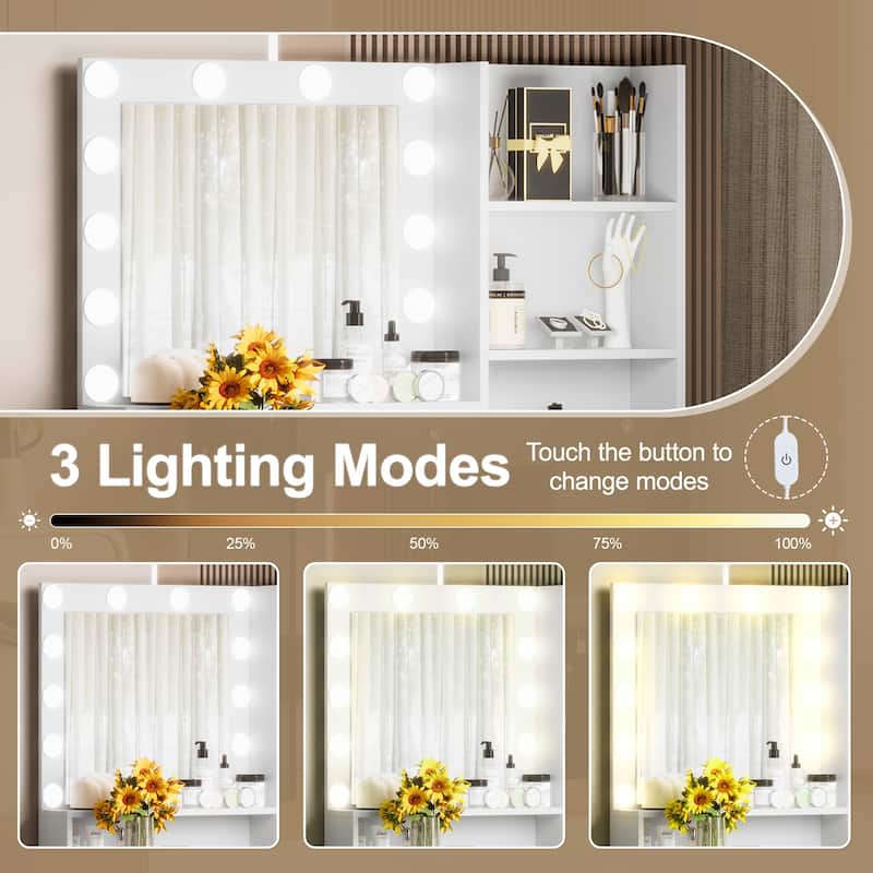 Vanity Desk with Mirror and 3 Lighting Modes, Makeup Vanity with Glass Top and Storage Shelves