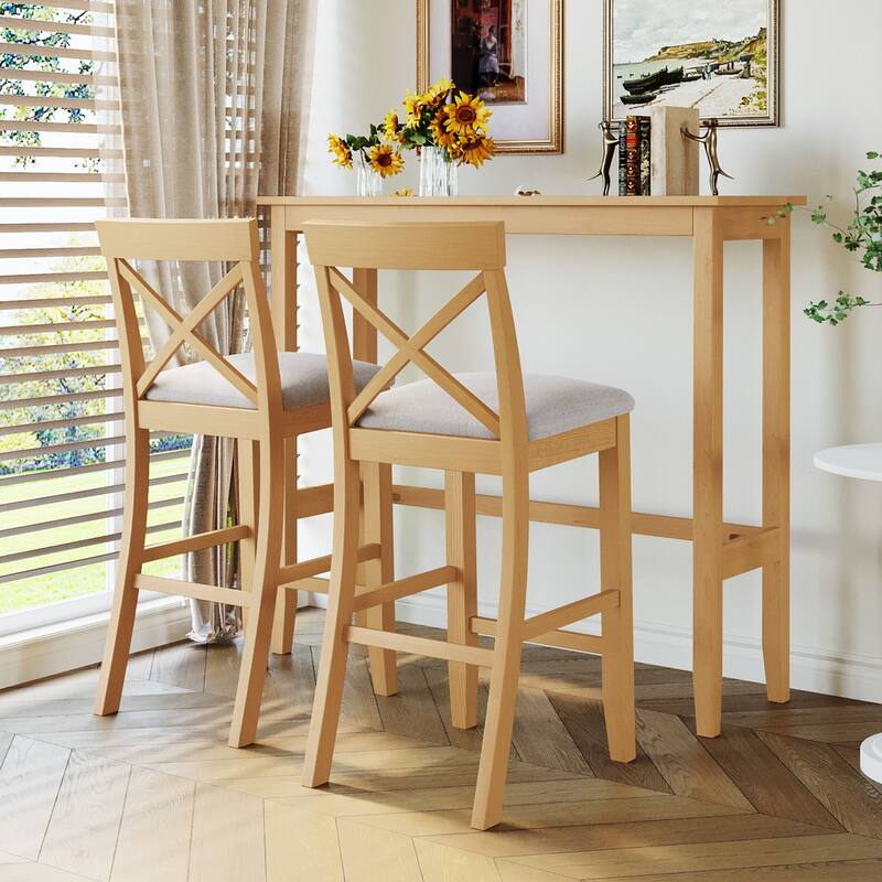Farmhouse 48"Rectangular Wood Bar Height Dining Set Kitchen Breakfast Nook with 2 Chairs for Small Places - Natural+Beige