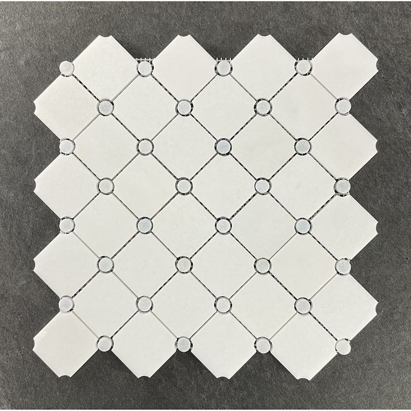Thassos White Diamond with Blue Celeste Circle Marble Mosaic Wall & Floor Tile - 1 Case (10 Sheets)