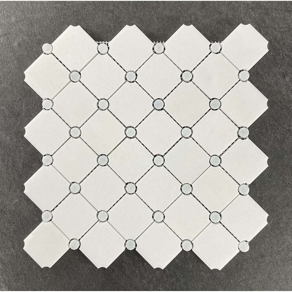Thassos White Diamond with Blue Celeste Circle Marble Mosaic Wall & Floor Tile - 1 Case (10 Sheets)