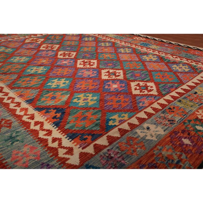 Kilim Oriental Area Rug Hand-Woven Orange Wool Carpet - 8'1" x 9'10"