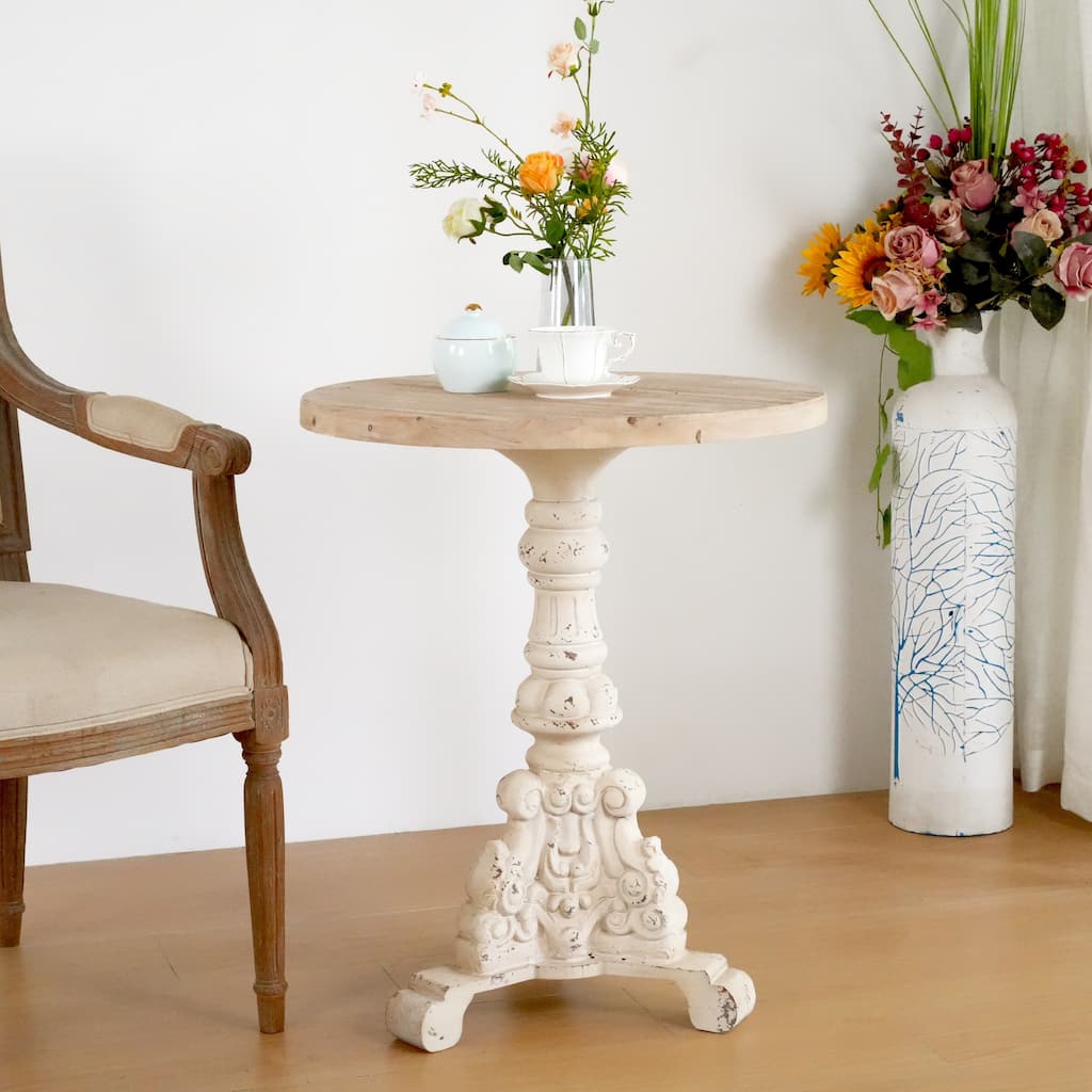 Accent Coffee Table, Antique Pedestal Table, Solid Wood Top with MGO Base for Living Room