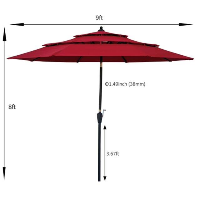 Outdoor 9Ft 3-Tiers Patio Umbrella with Crank and Tilt - Red