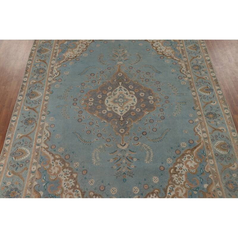 Tabriz Vintage Persian Area Rug Handmade Floral Blue Wool Carpet - 9'10" x 12'11"