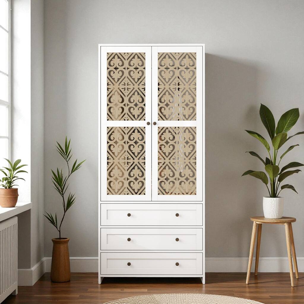 Modern 2-Door 3-Drawer Wardrobe with Hollow Pattern Wood and White Finish Closet Armoire for Bedroom Dressing Room