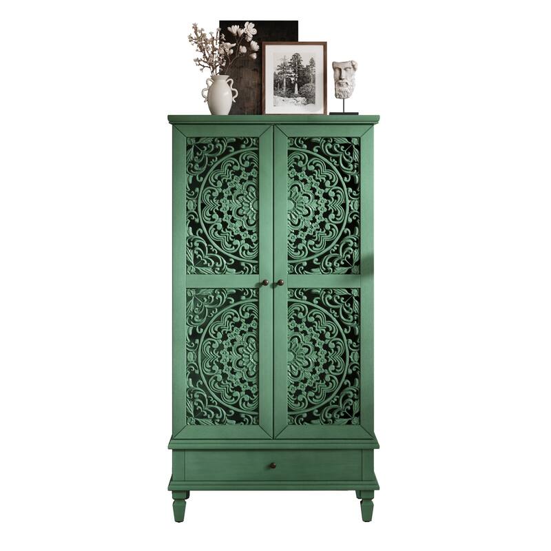 GDF Studio - Maribelle Rustic 55" Tall Storage Cabinet with Drawer, Decorative 2-Door Carved Wood Accent Cabinet