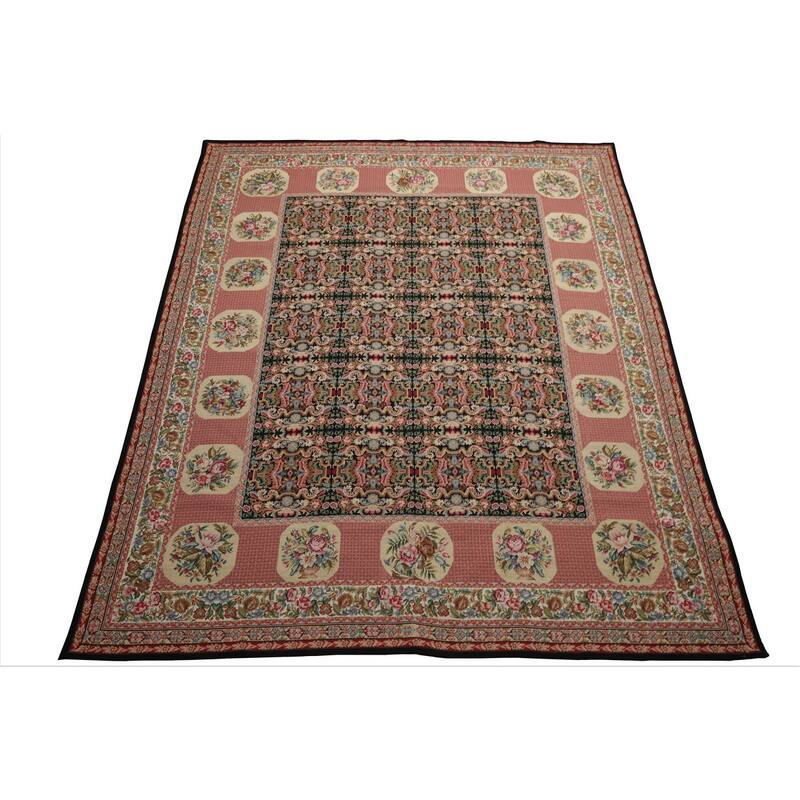 7'8''x9'8'' Hand Woven Wool Black Aubusson Needlepoint Floral Area Rug - 7' 8'' x 9' 8''