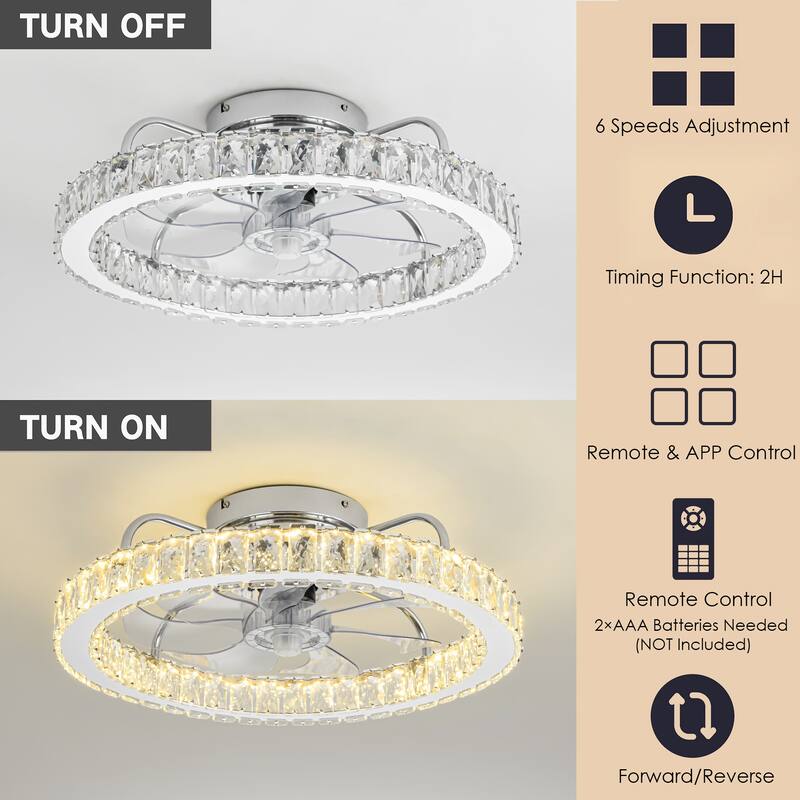 Modern Glam Chrome Round Dimmable Intagrated LED Crystal Ceiling Fan Lighting - 19.6 in. W x 6.2 in. H