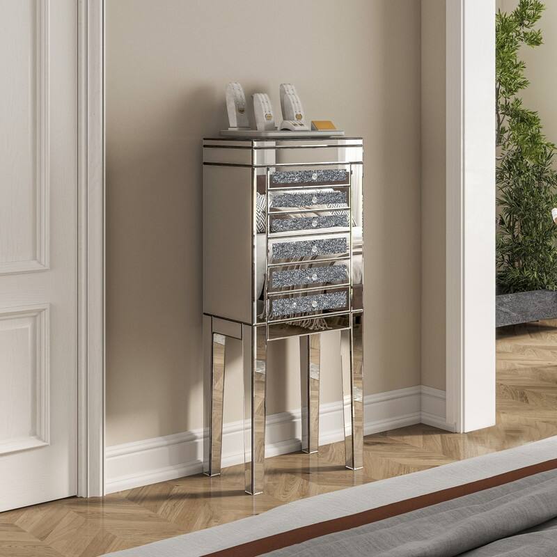 Mirrored Glass Jewelry Armoire with Crushed Diamond Inlay