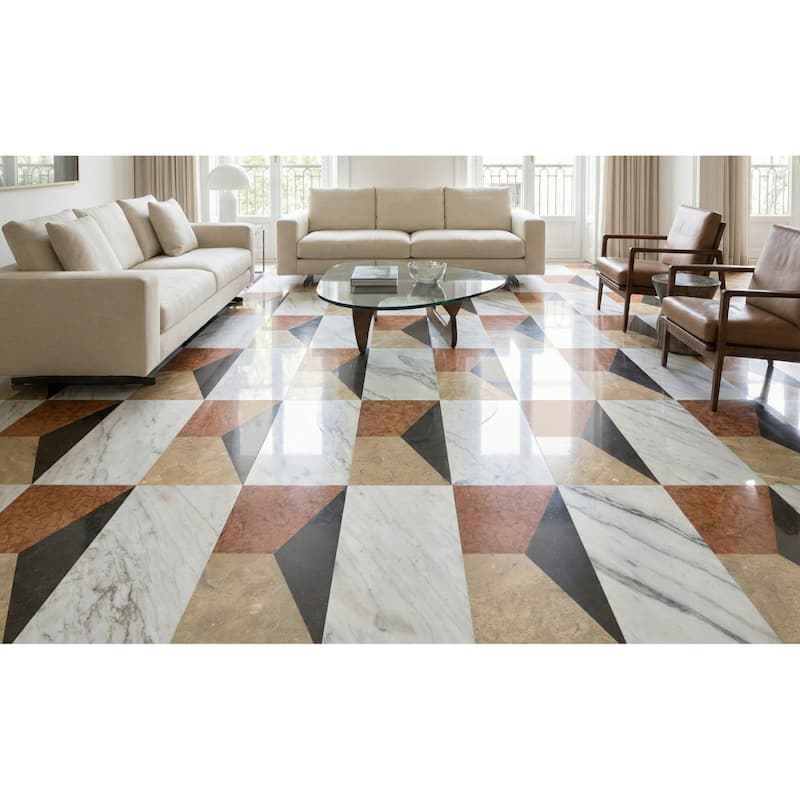 Roomfitters Waterjet Marble Tile, Polished Natural Stone for Floor and Wall, Genuine Marble, 2-Piece Box, White Gold Red Gray