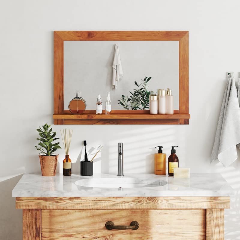 27.5" Wall Mounted Natural Teak Frame Rectangle Mirror with Shelf for Bathroom Bedroom or Entryway - 27.5" x 20" x 4"
