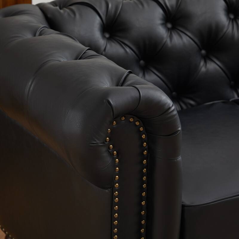 Vintage PU Button-Tufted Sofa Couch, Flared Arms, Rubberwood Legs & Nailhead Trim