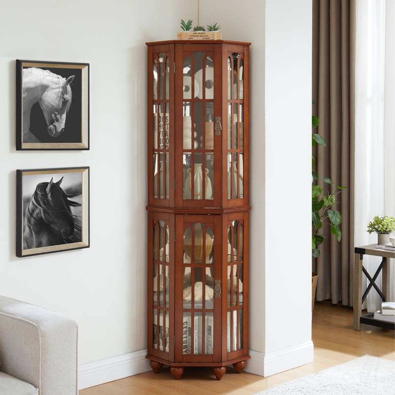 Lighted Corner Curio Cabinet, Wooden Accent Storage Cabinet, Display Cabinet with Tempered Glass Shelves & Mirrored Back